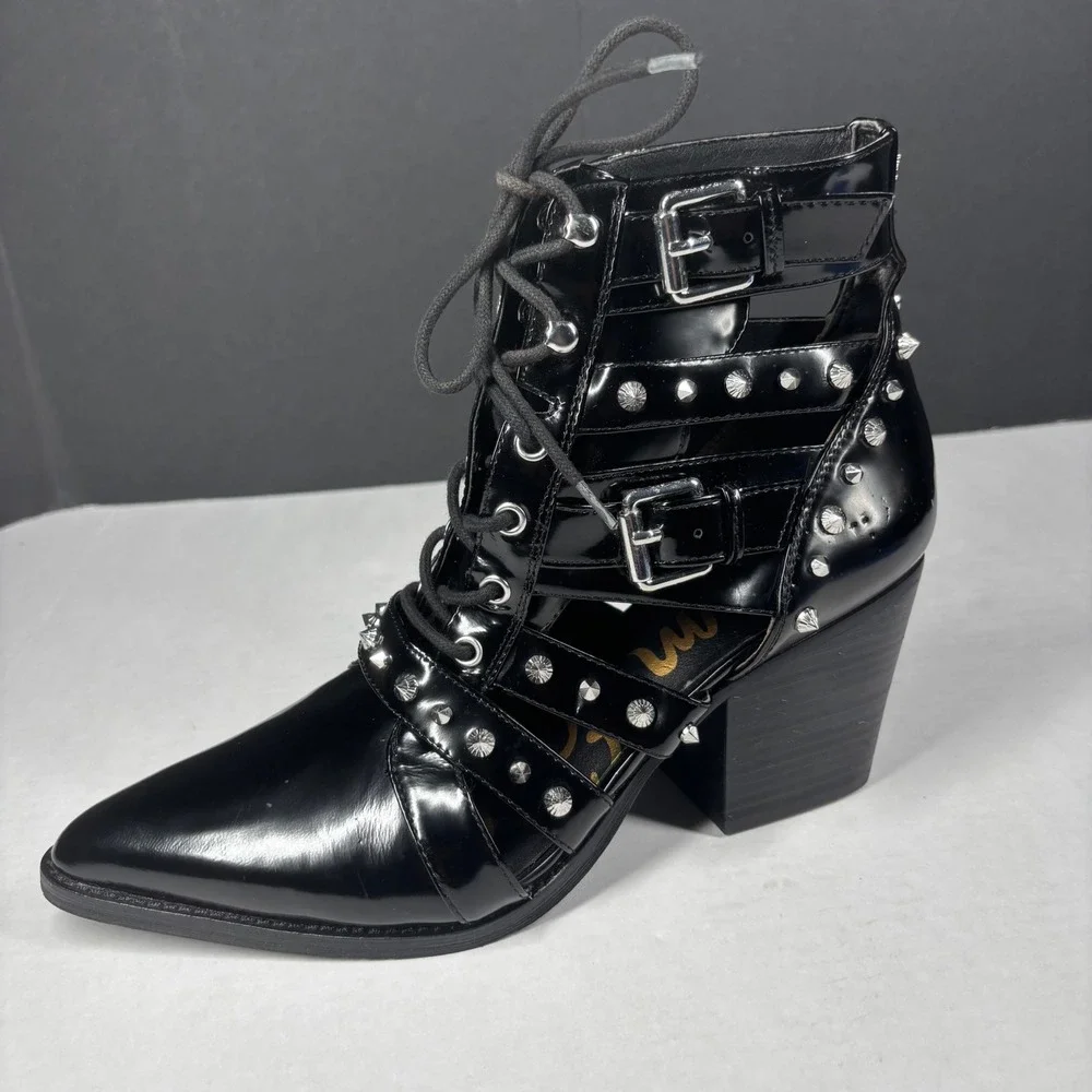 Sam Edelman Elana Black Studded Buckle Lace Up Booties Womens 10 Cutout Punk NEW - Picture 7 of 9